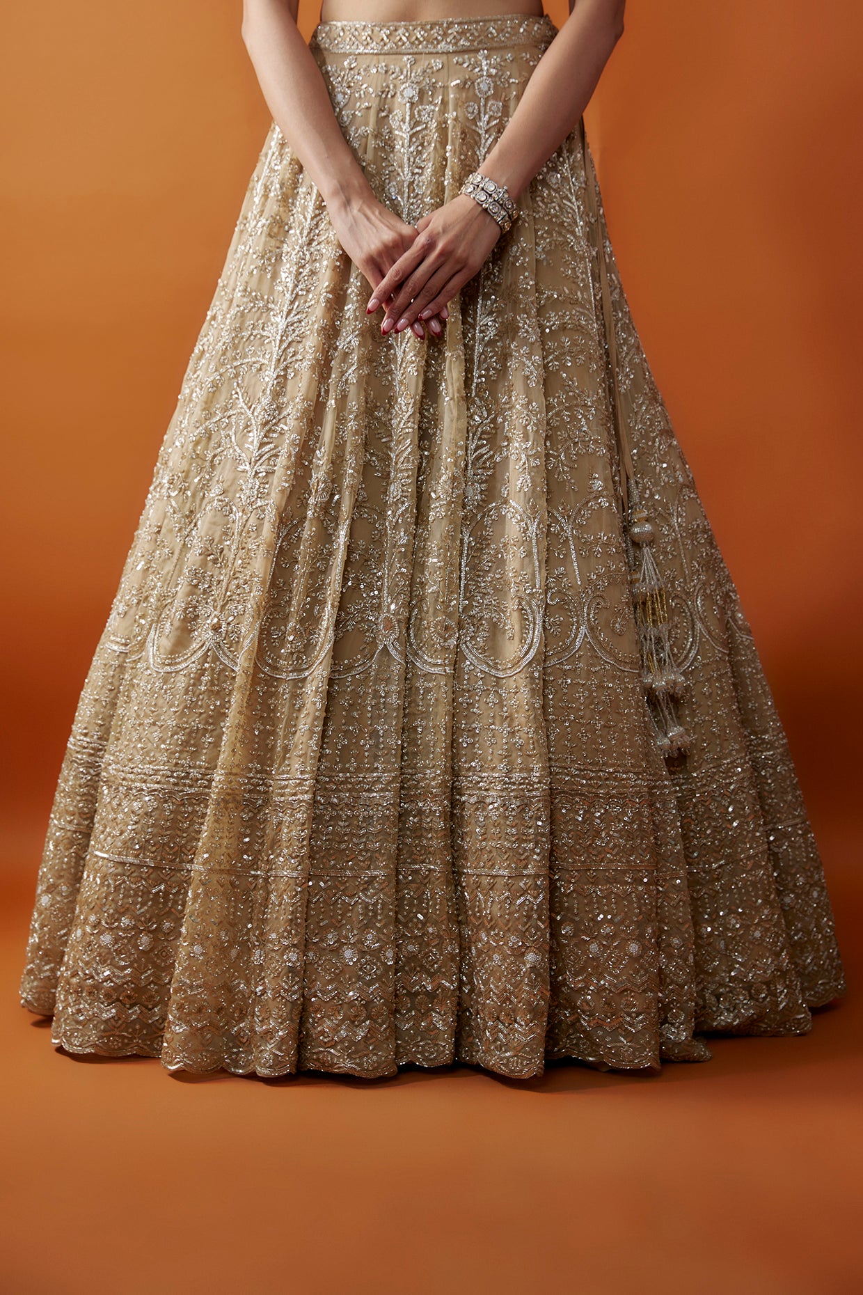 gold organza cutdana & zardosi hand embroidered lehenga set