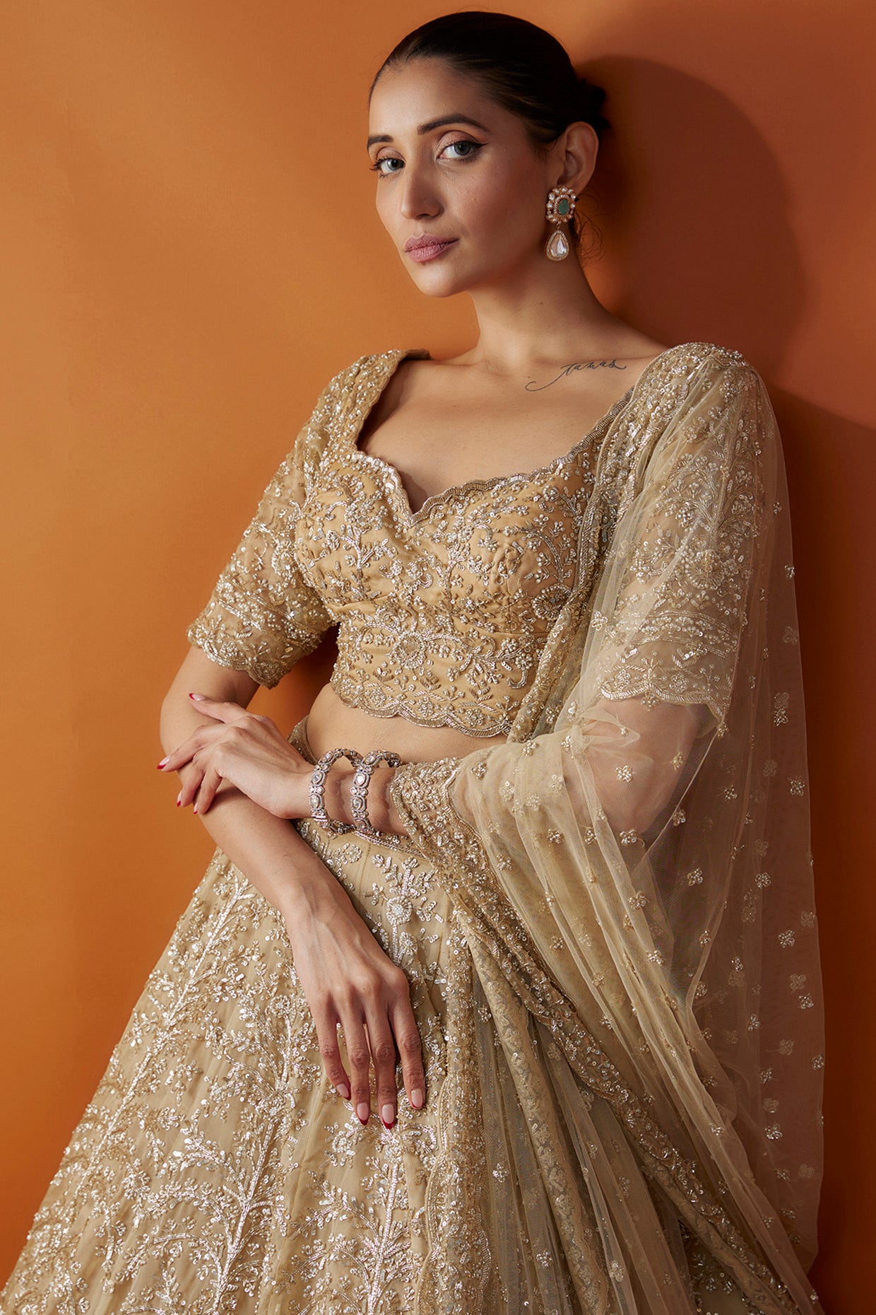 gold organza cutdana & zardosi hand embroidered lehenga set