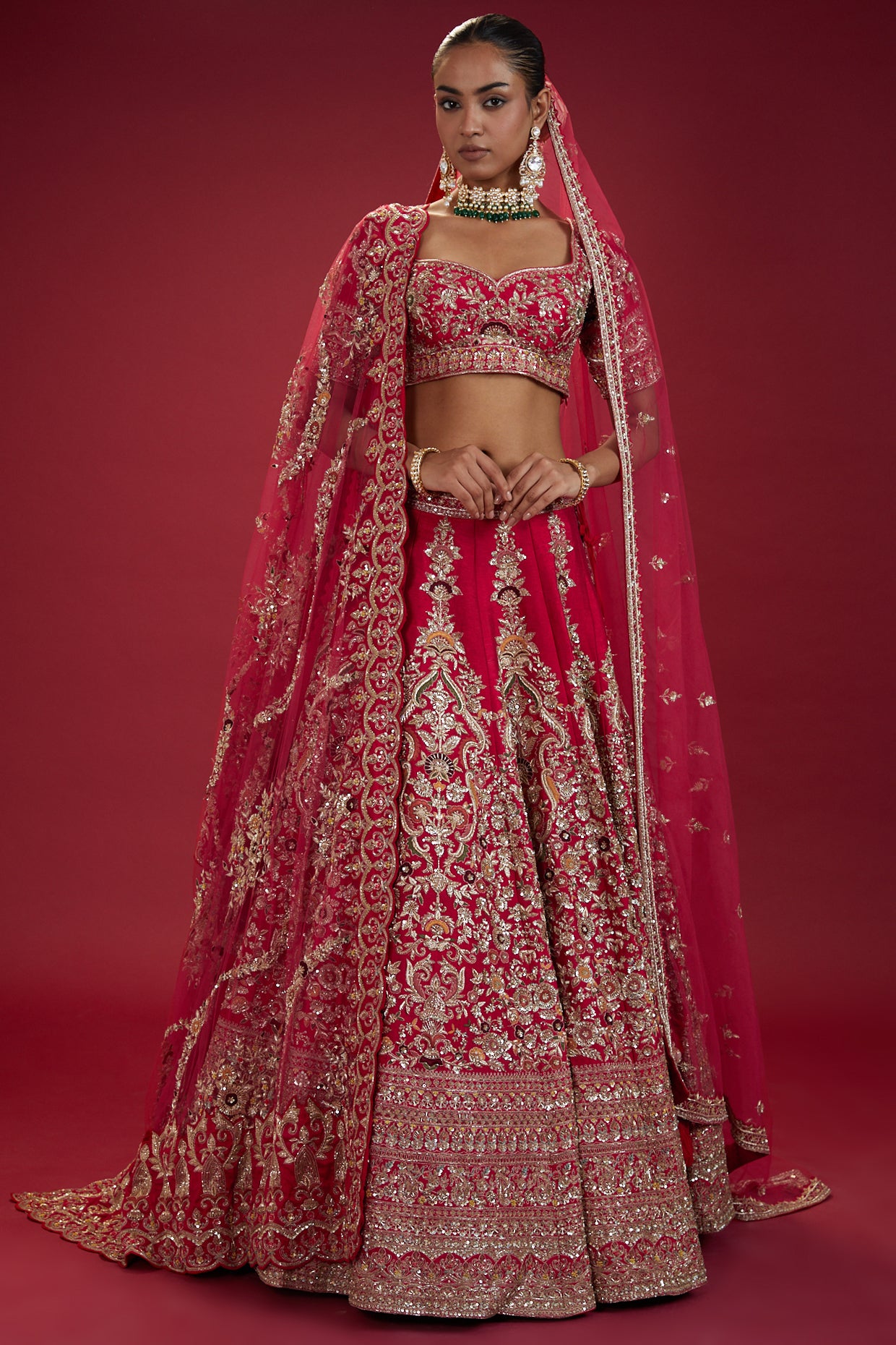 red raw silk embroidered lehenga set