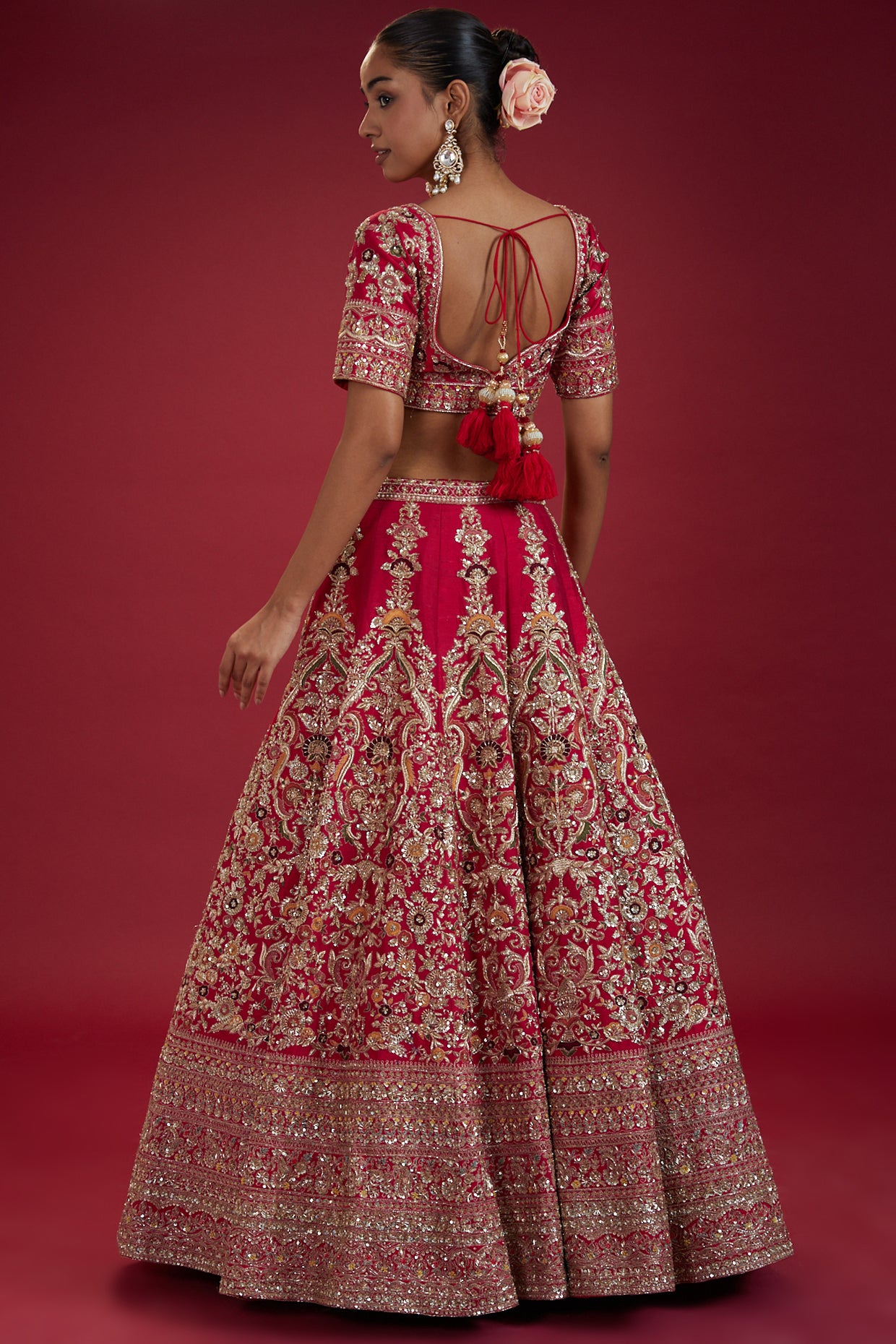 red raw silk embroidered lehenga set