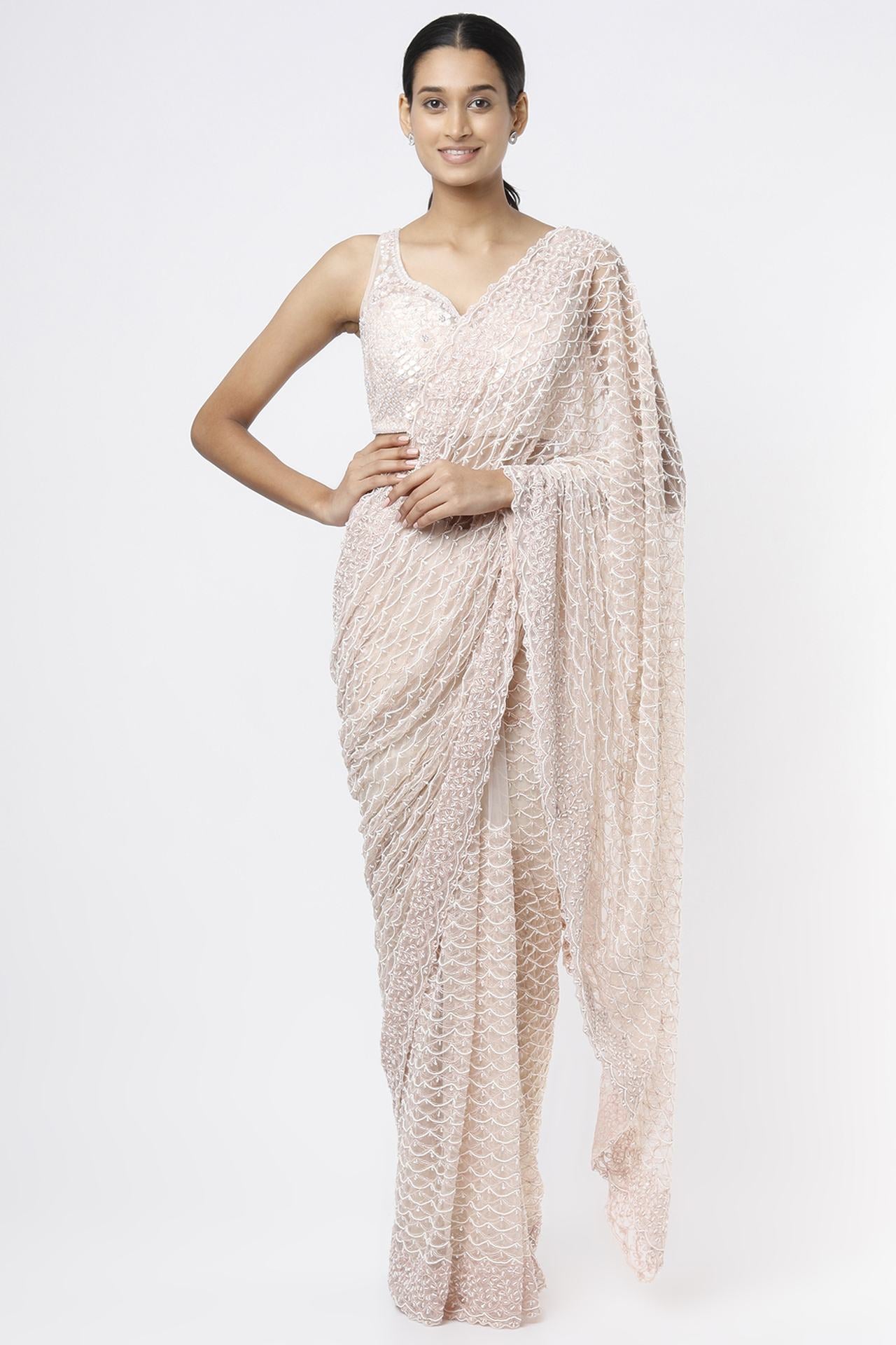 peach embellished saree set