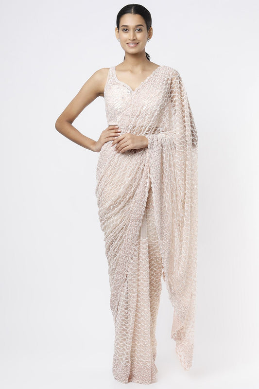 peach embellished saree set