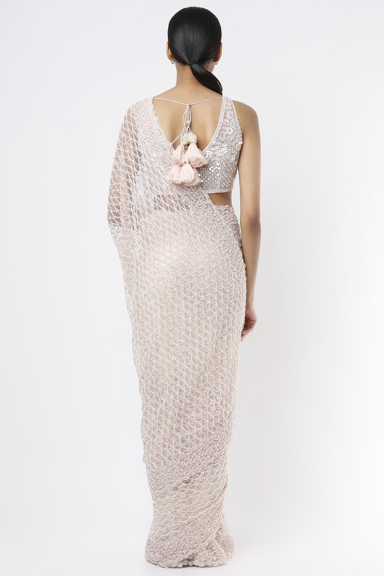 peach embellished saree set