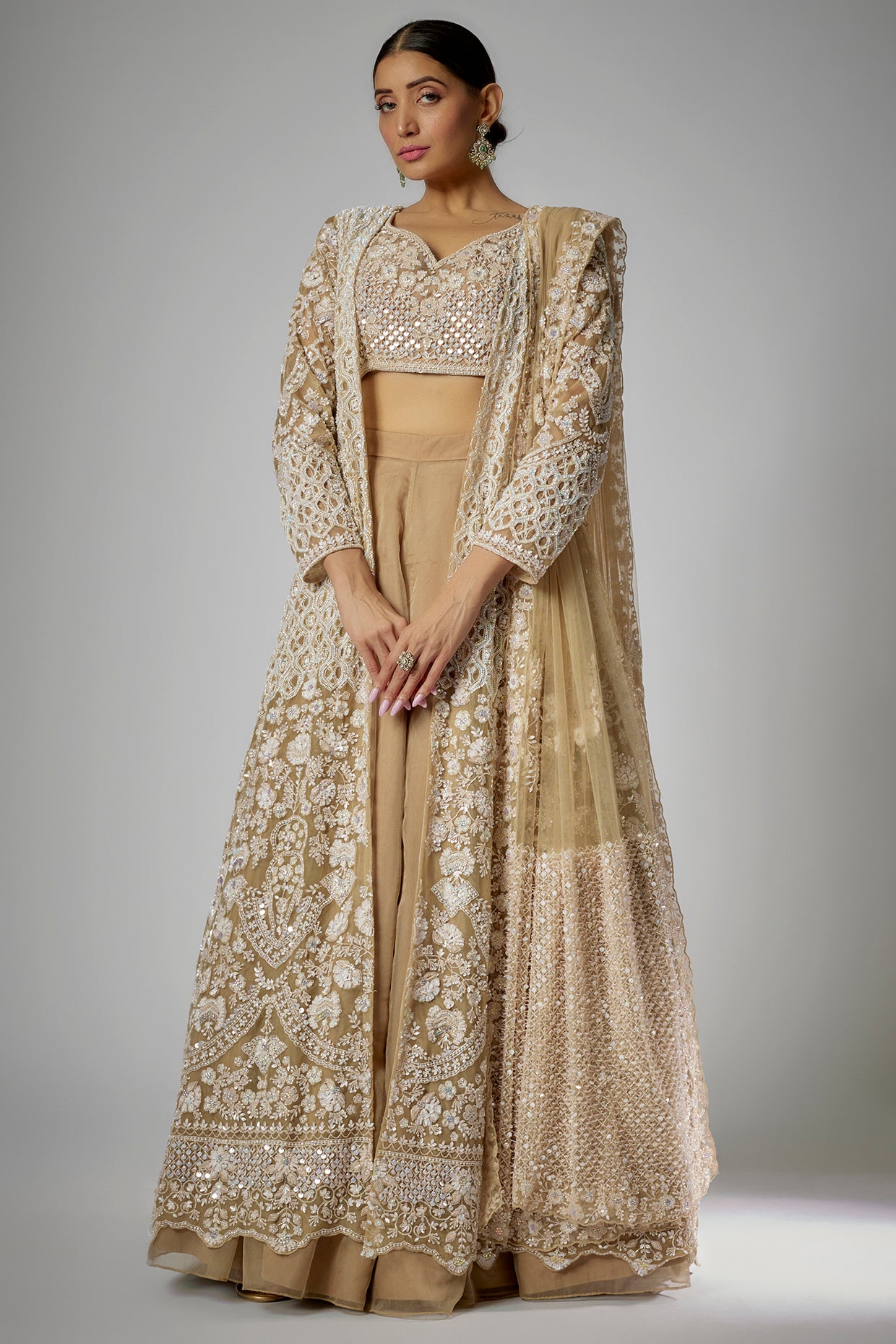 Gold net embroidered jacket set