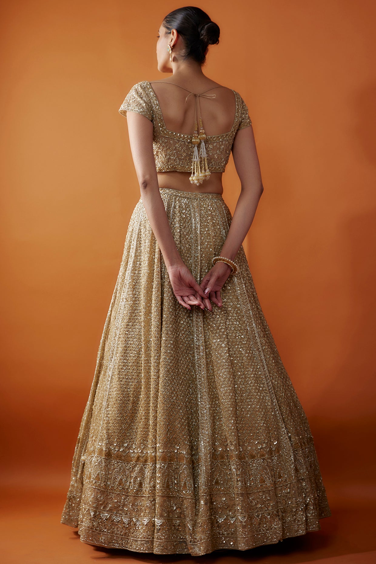 Gold Organza Cutdana & Sequins Hand Embroidered Lehenga Set