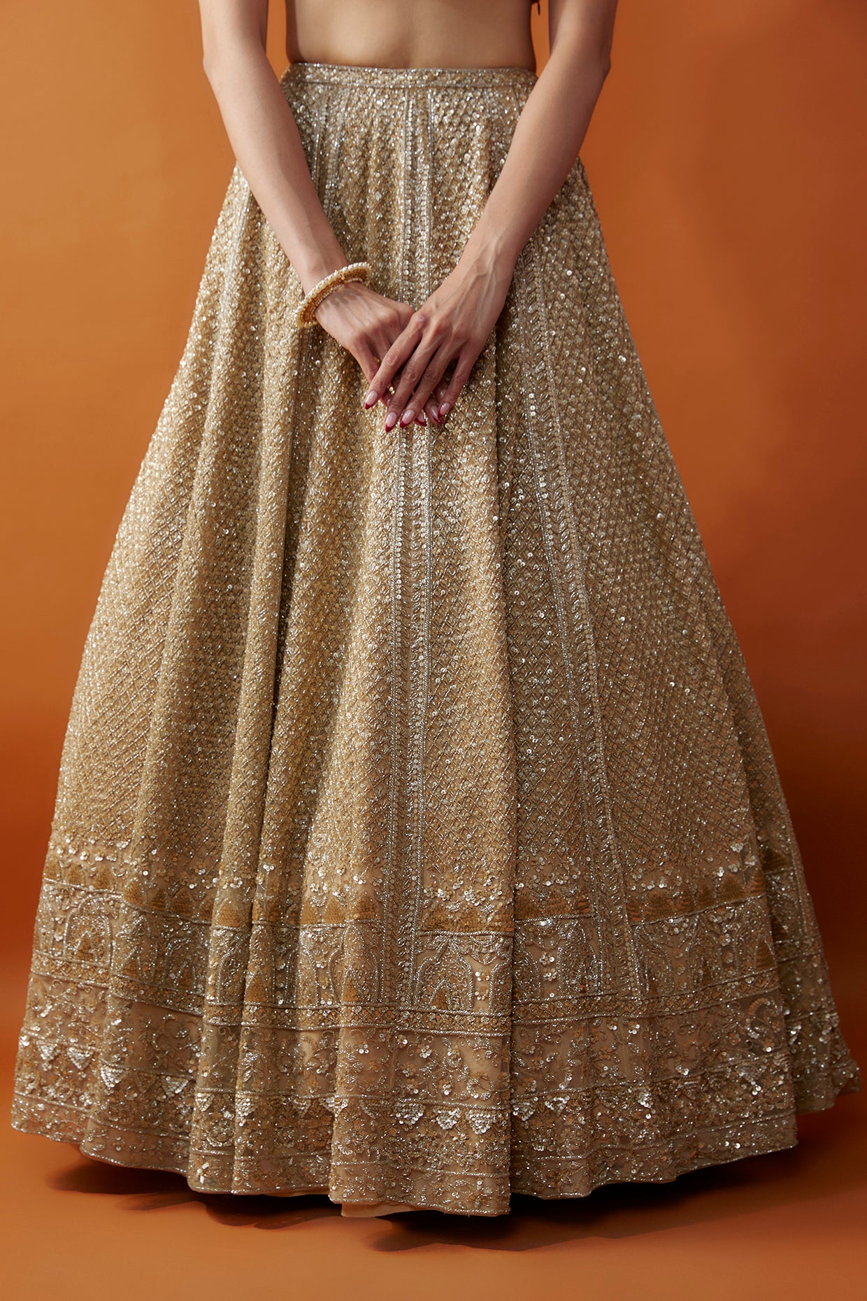 Gold Organza Cutdana & Sequins Hand Embroidered Lehenga Set
