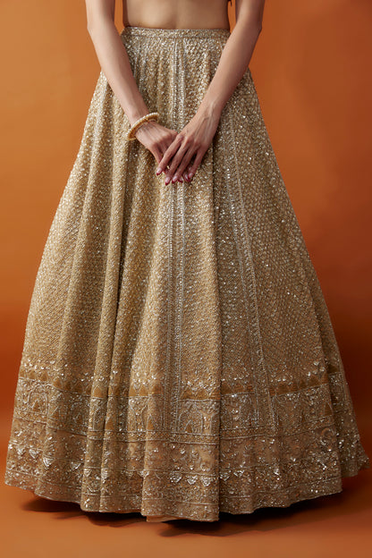 Gold Organza Cutdana & Sequins Hand Embroidered Lehenga Set