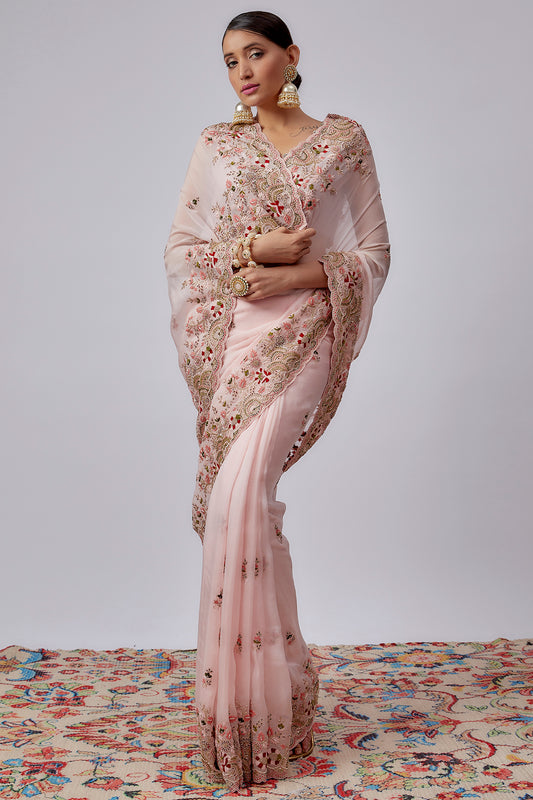 pink pure organza hand embroidered saree set