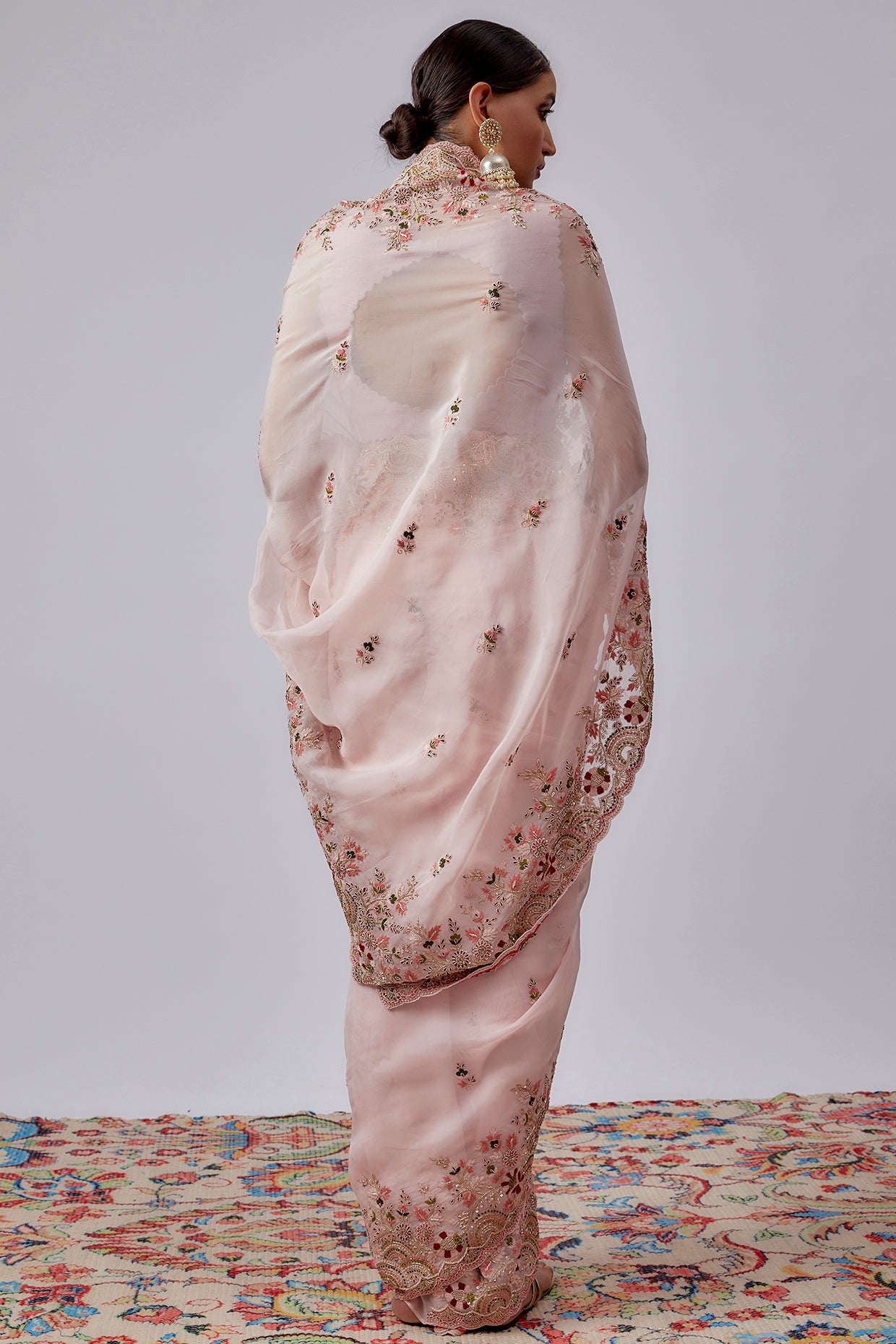 pink pure organza hand embroidered saree set