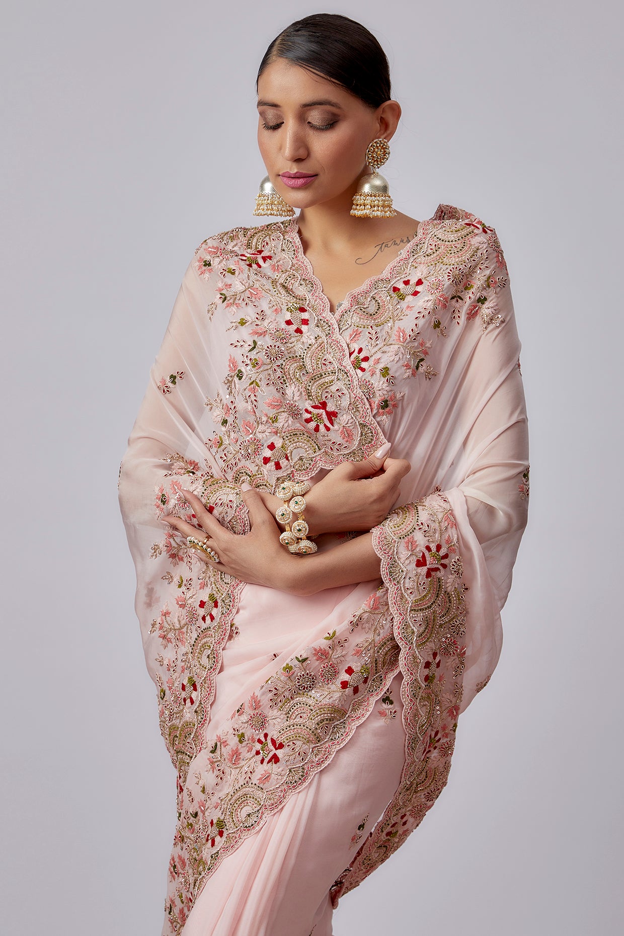 pink pure organza hand embroidered saree set