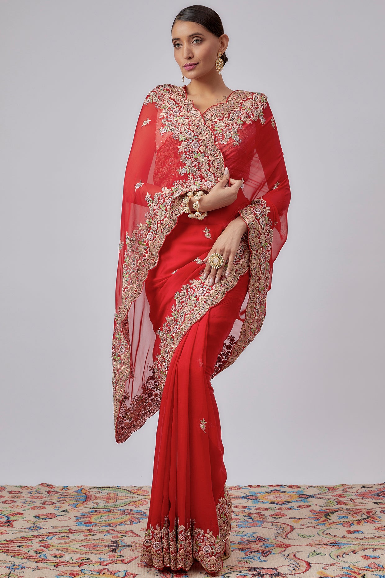 red organza hand embroidered saree set