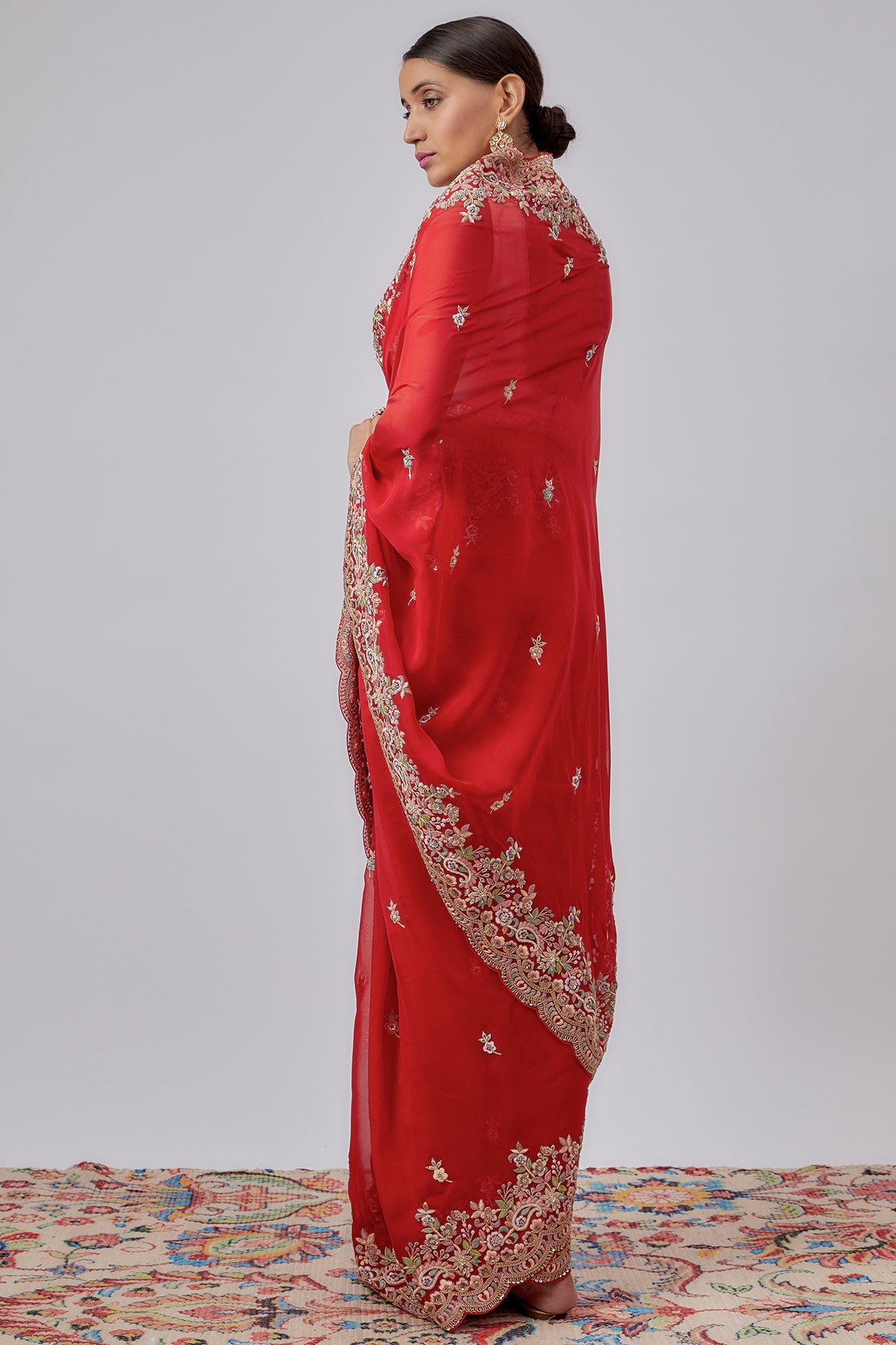 red organza hand embroidered saree set