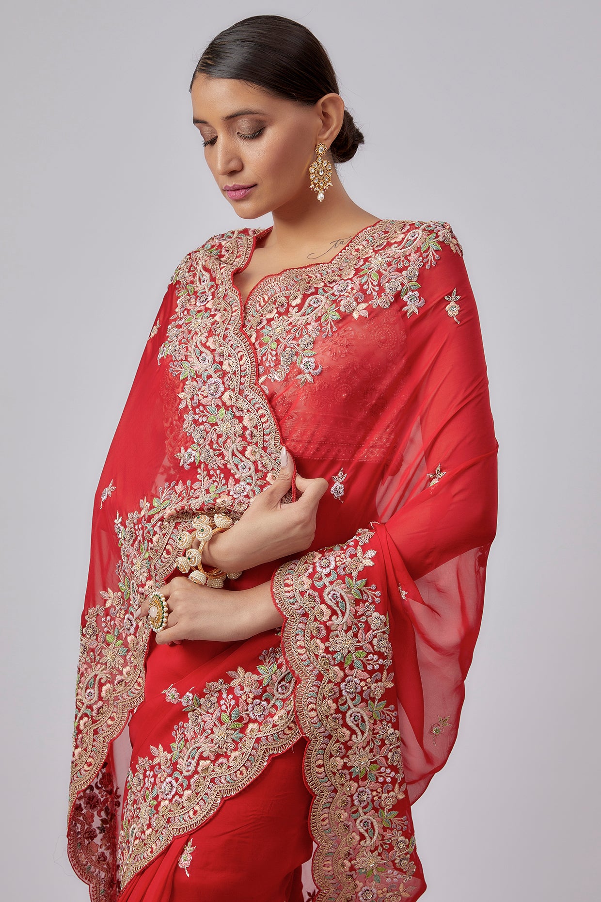 red organza hand embroidered saree set