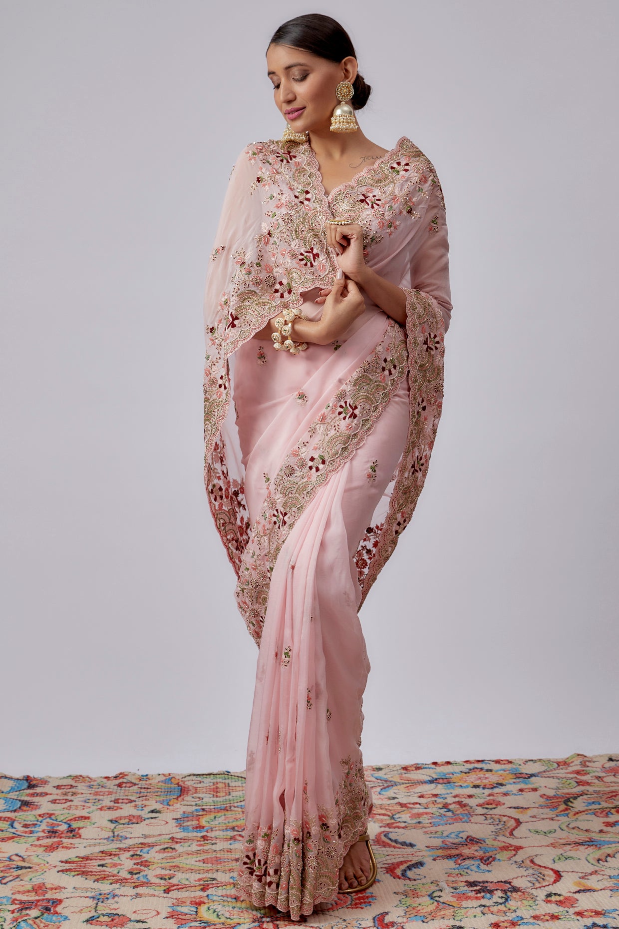 pink pure organza hand embroidered saree set