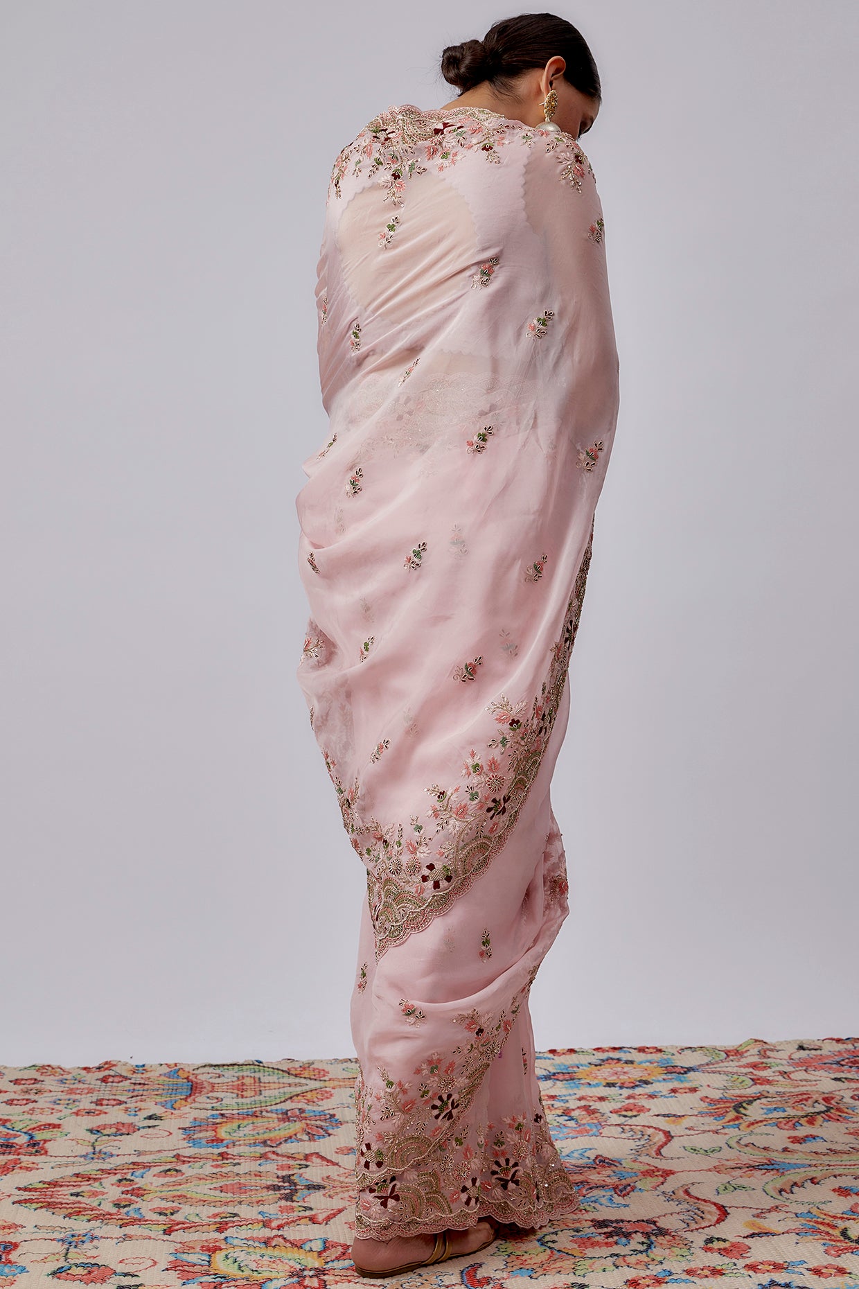 pink pure organza hand embroidered saree set