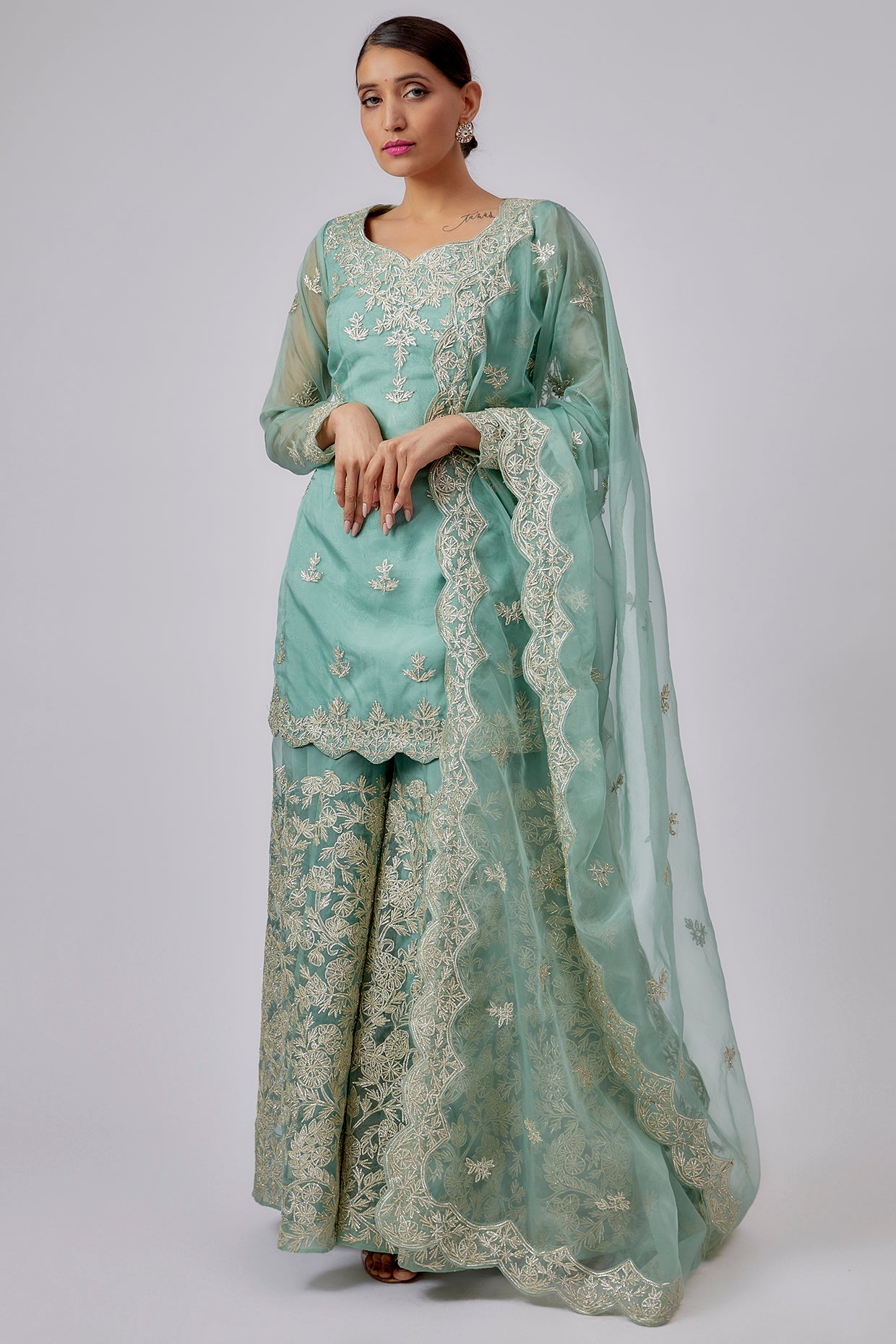 blue organza embroidered sharara set