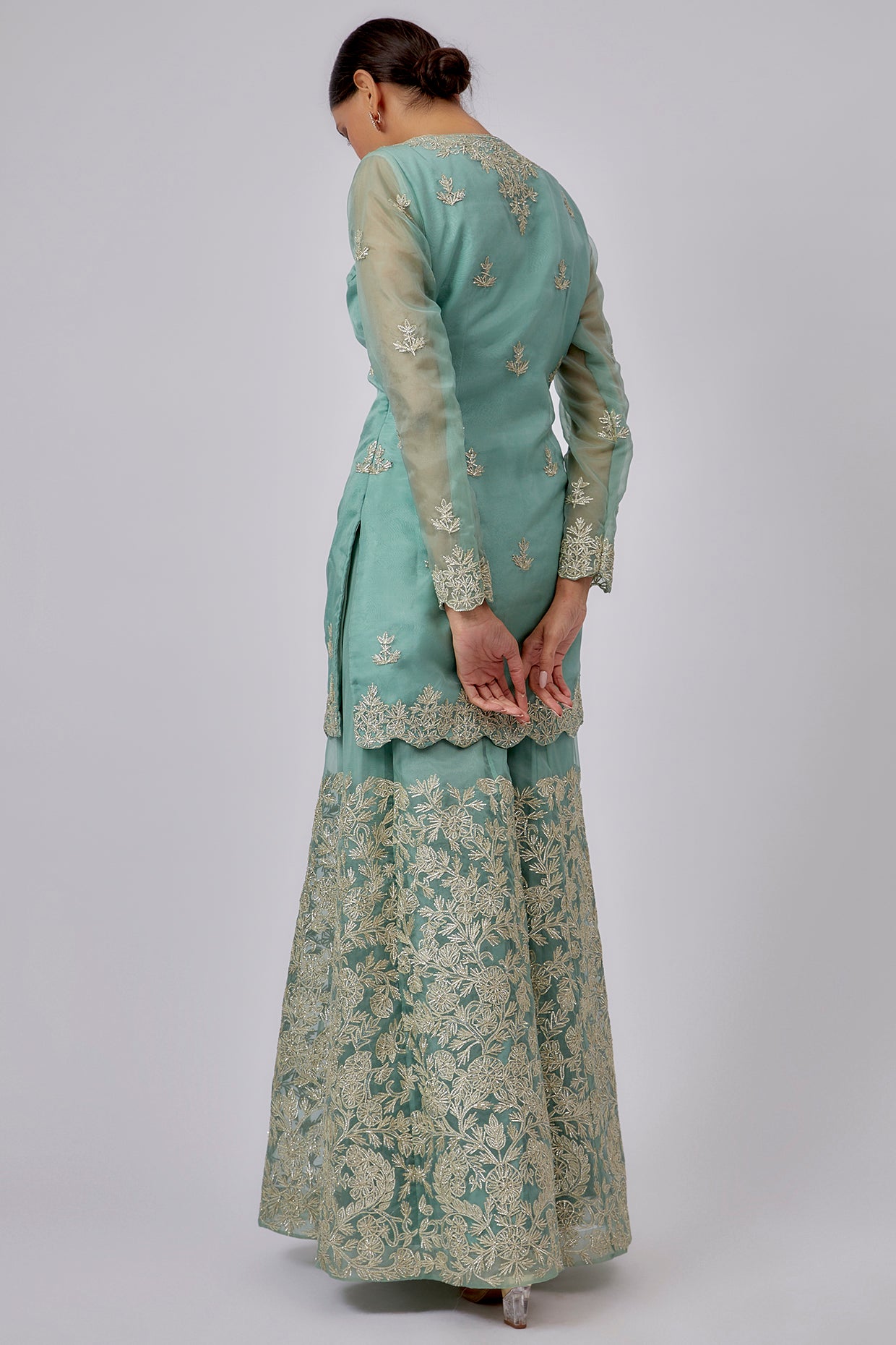 blue organza embroidered sharara set