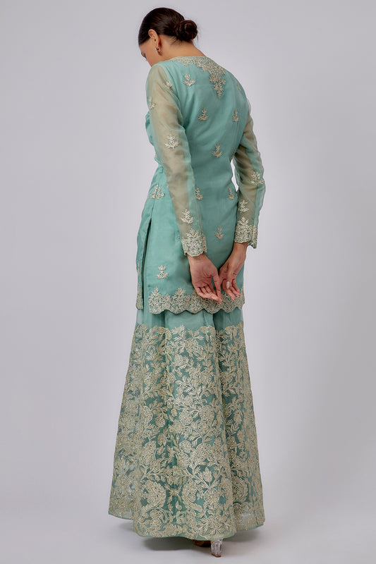 blue organza embroidered sharara set