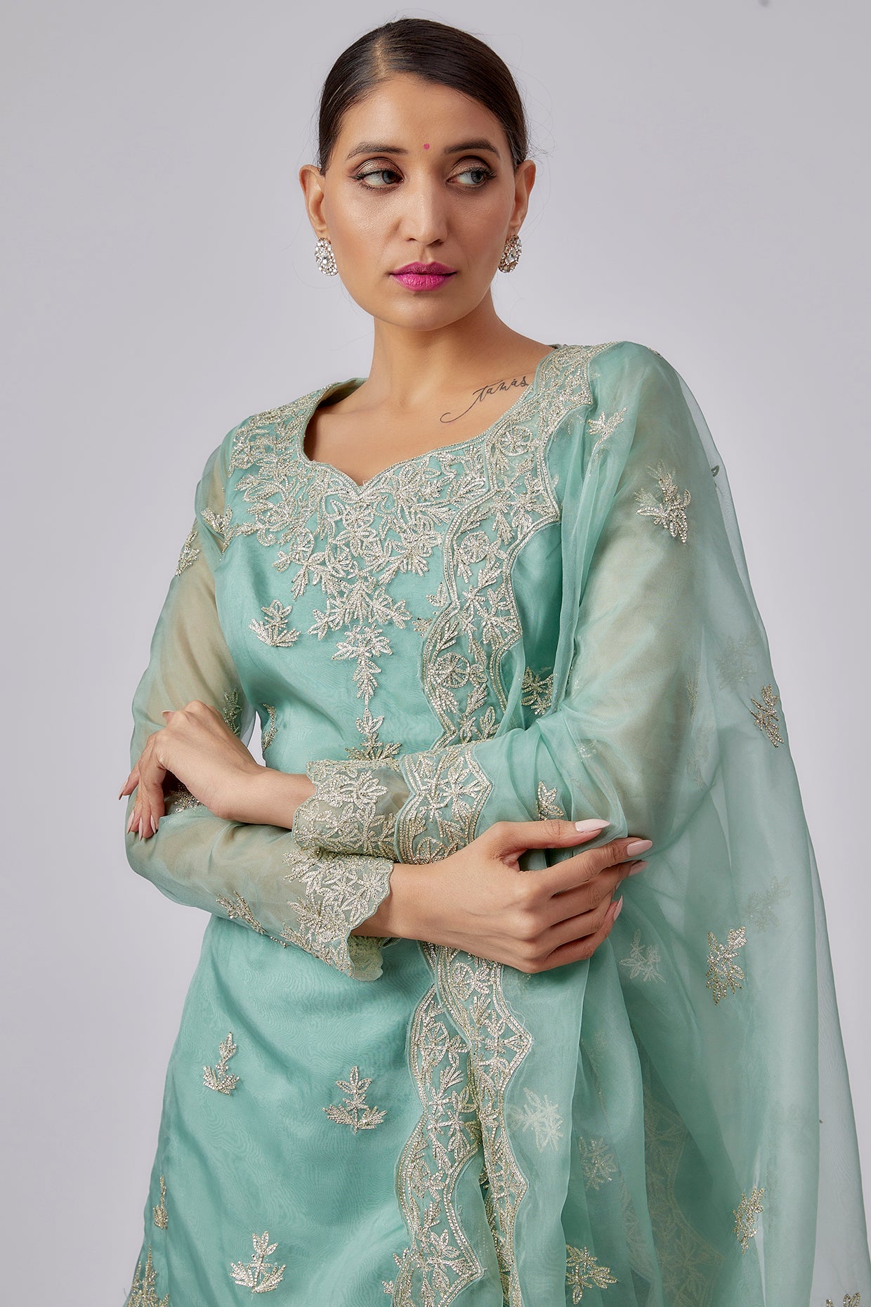 blue organza embroidered sharara set