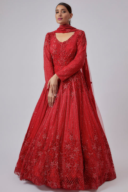 red net embroidered gown with dupatta