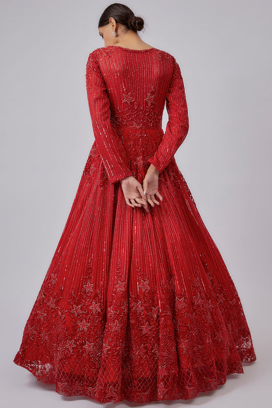 red net embroidered gown with dupatta