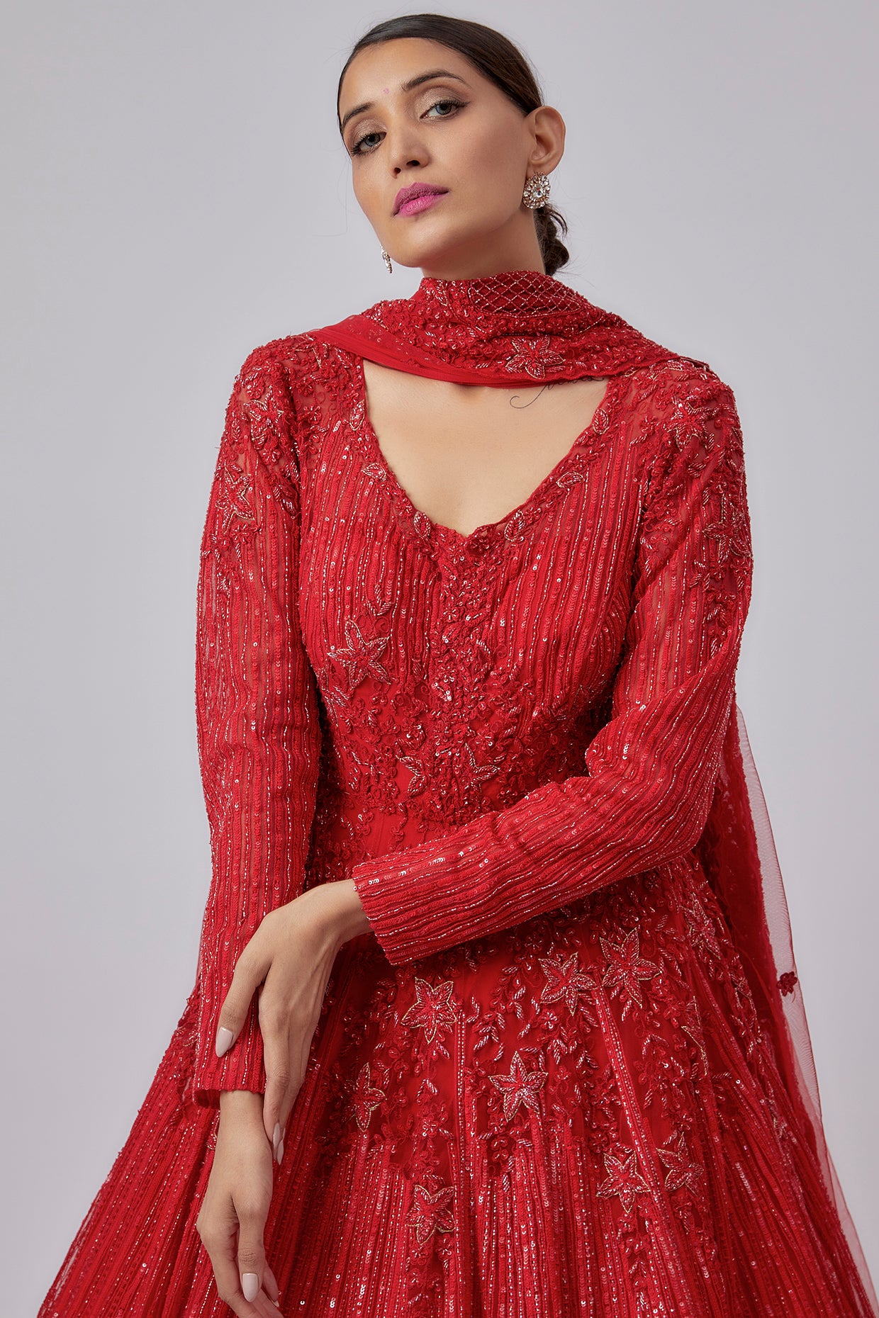red net embroidered gown with dupatta