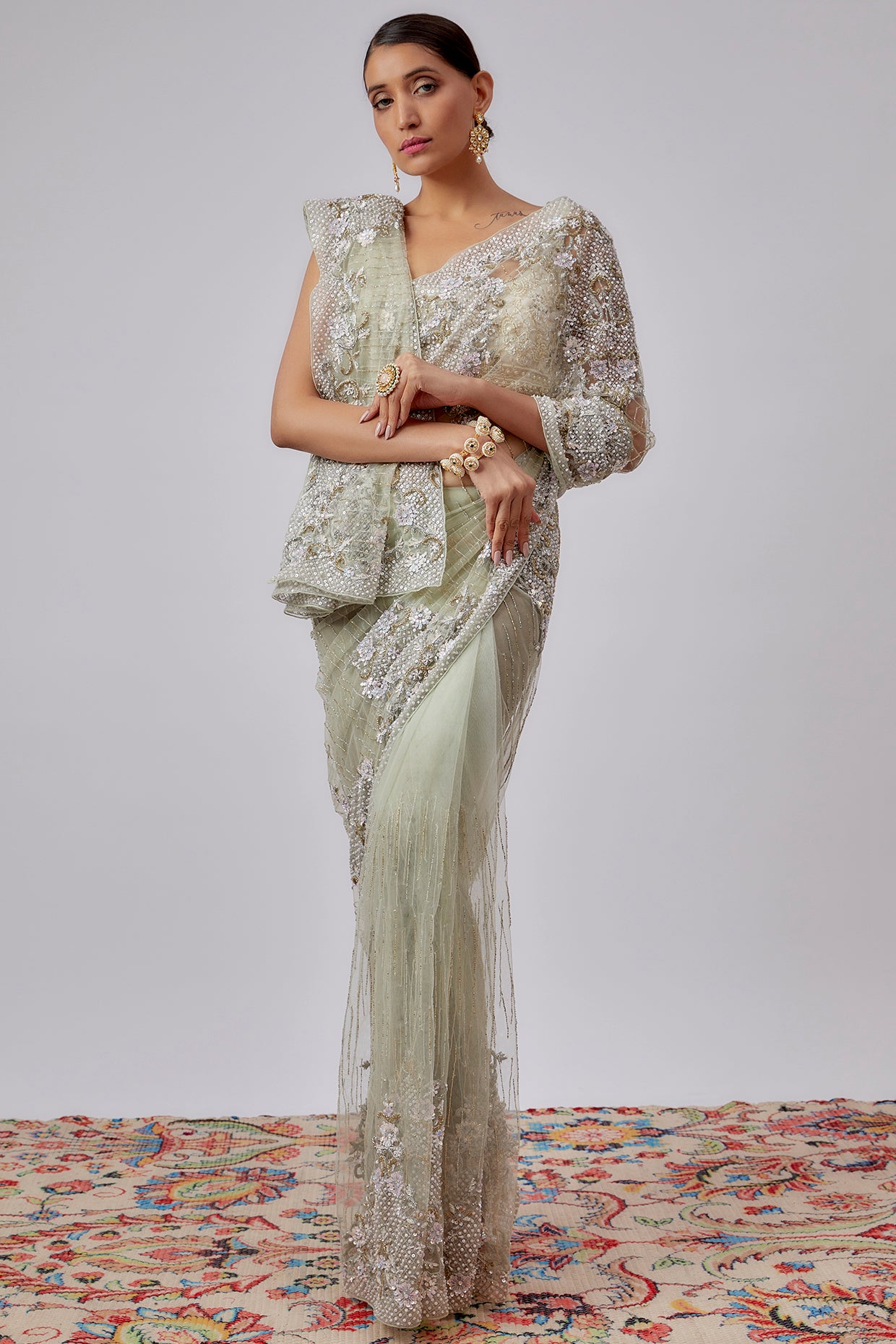 mint green net embroidered saree set