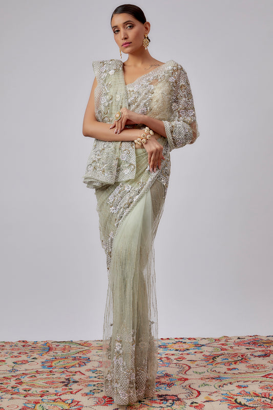 mint green net embroidered saree set