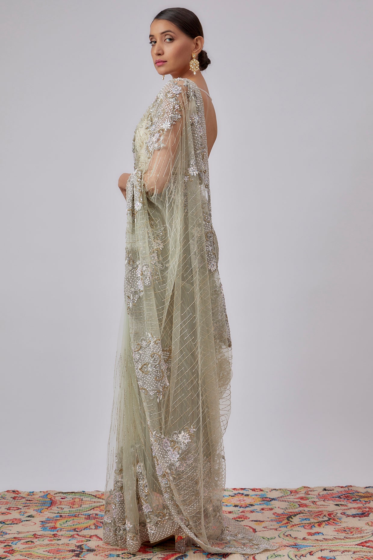 mint green net embroidered saree set