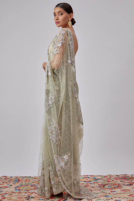 mint green net embroidered saree set