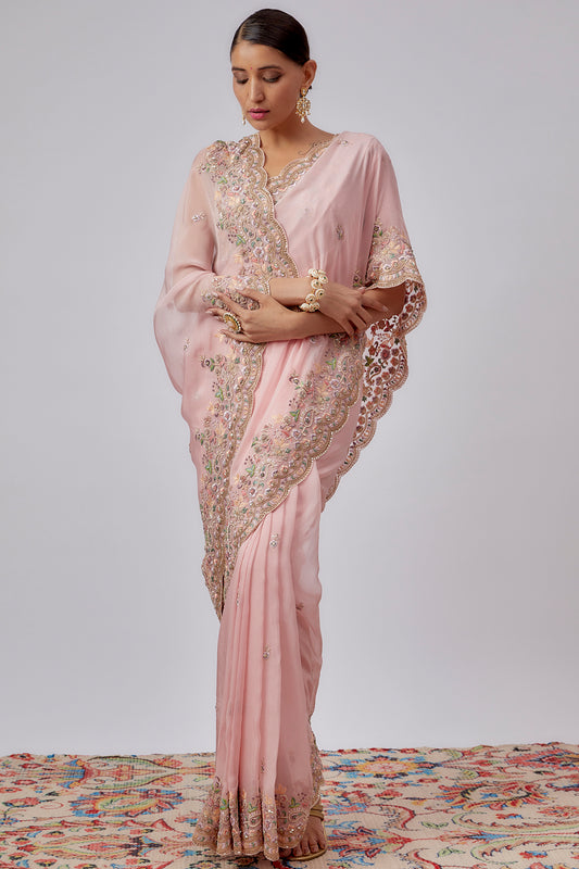 pink pure organza hand embroidered saree set