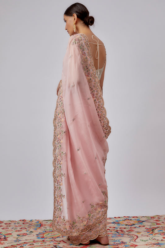 pink pure organza hand embroidered saree set