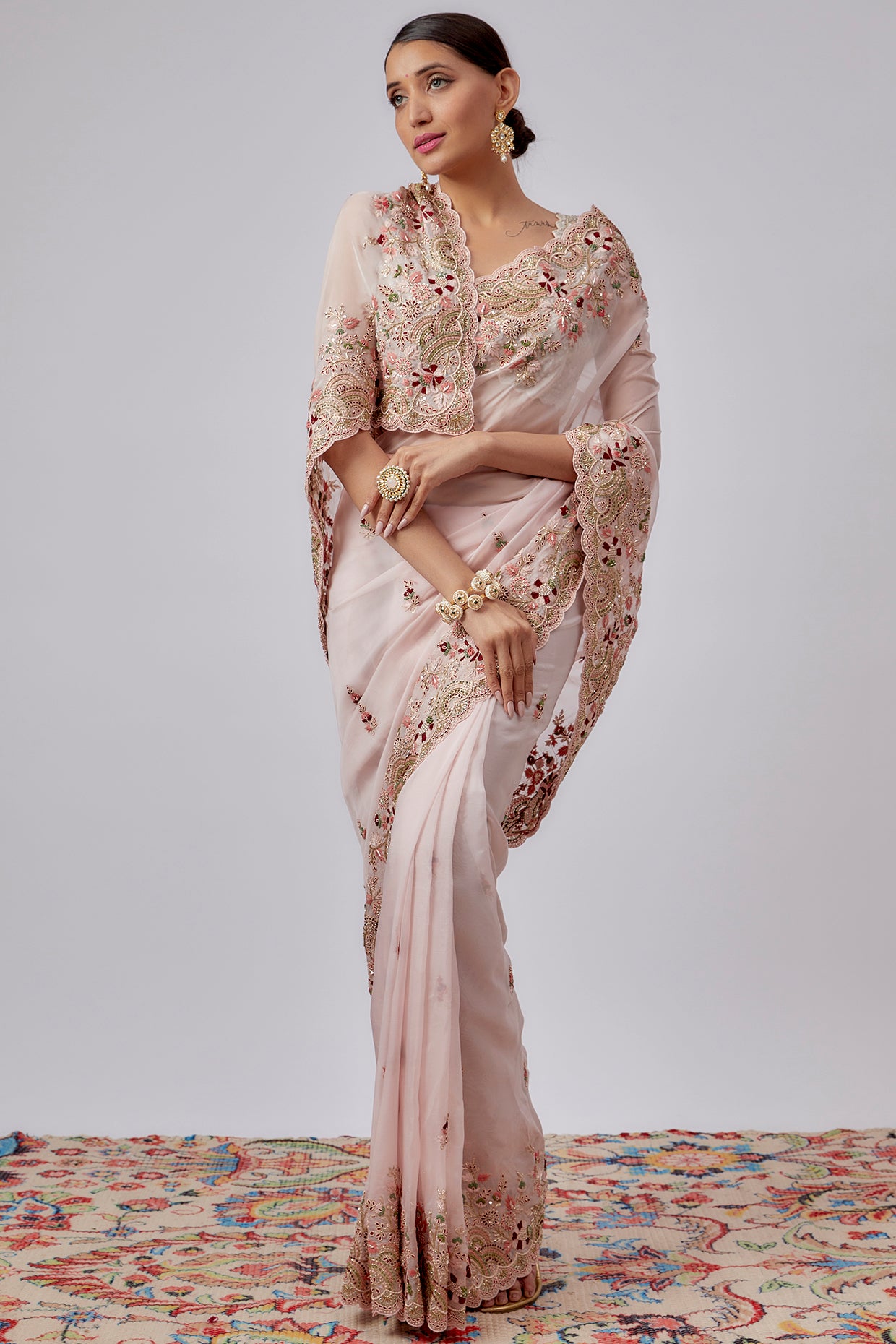 pink pure organza hand embroidered saree set