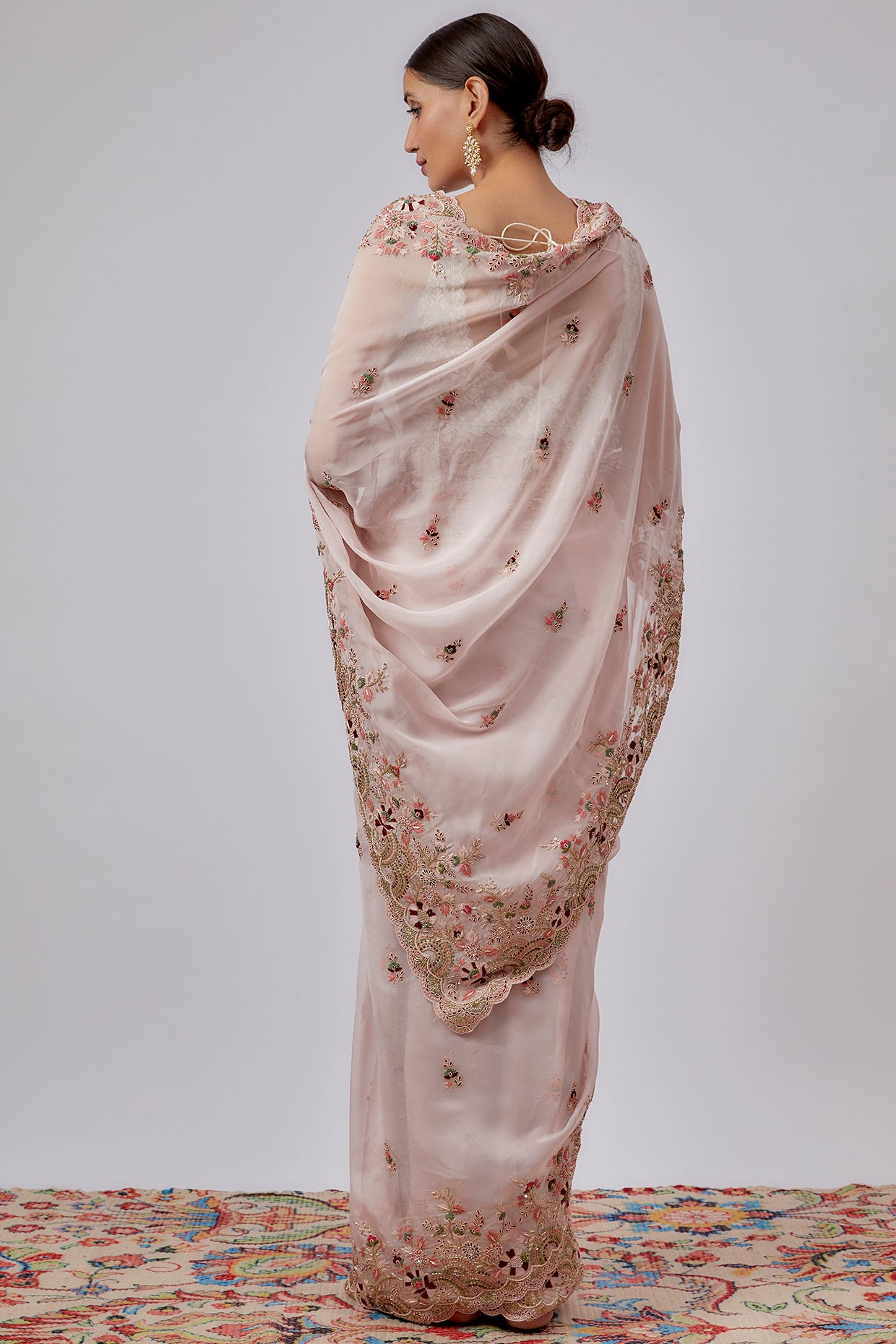 pink pure organza hand embroidered saree set