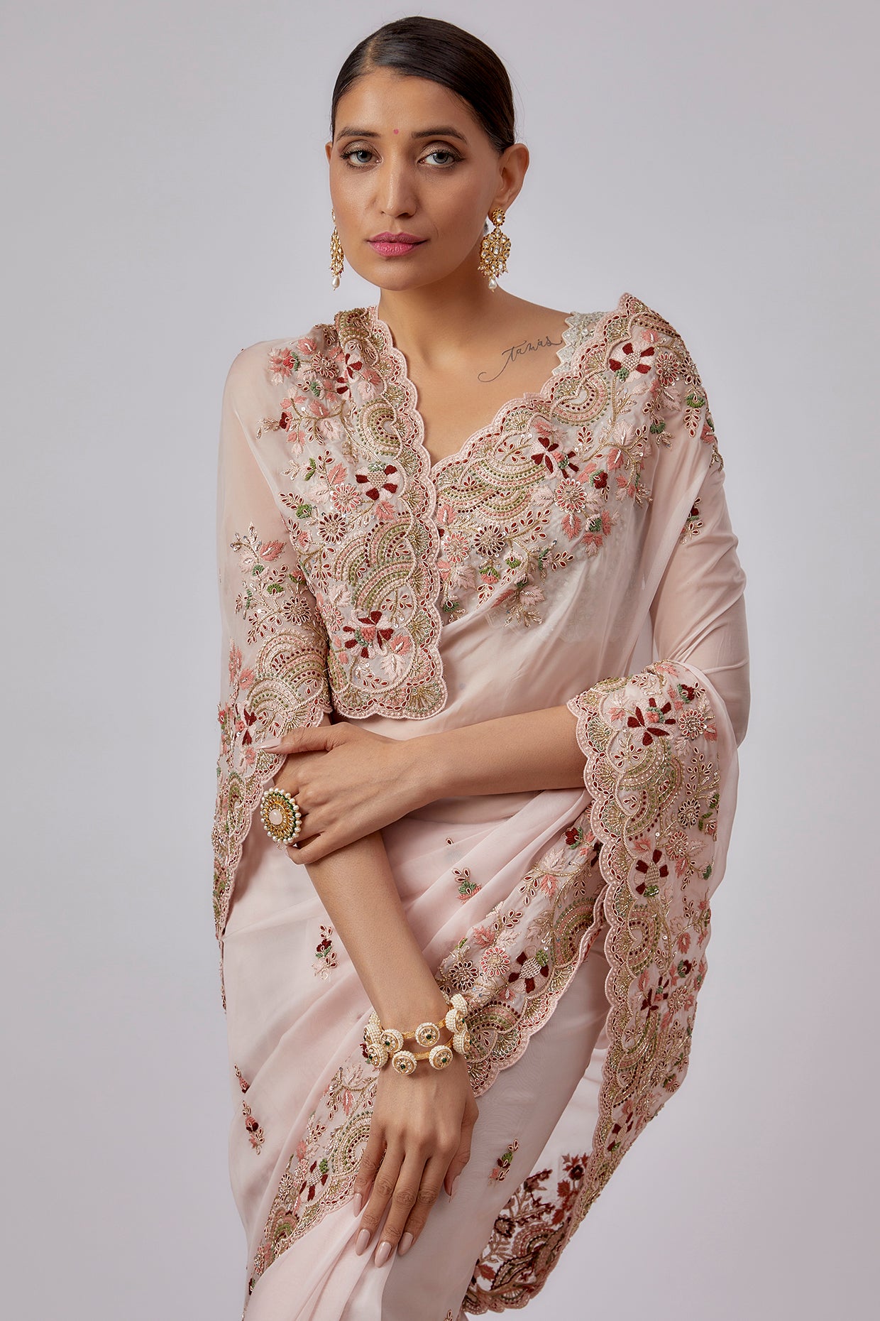 pink pure organza hand embroidered saree set