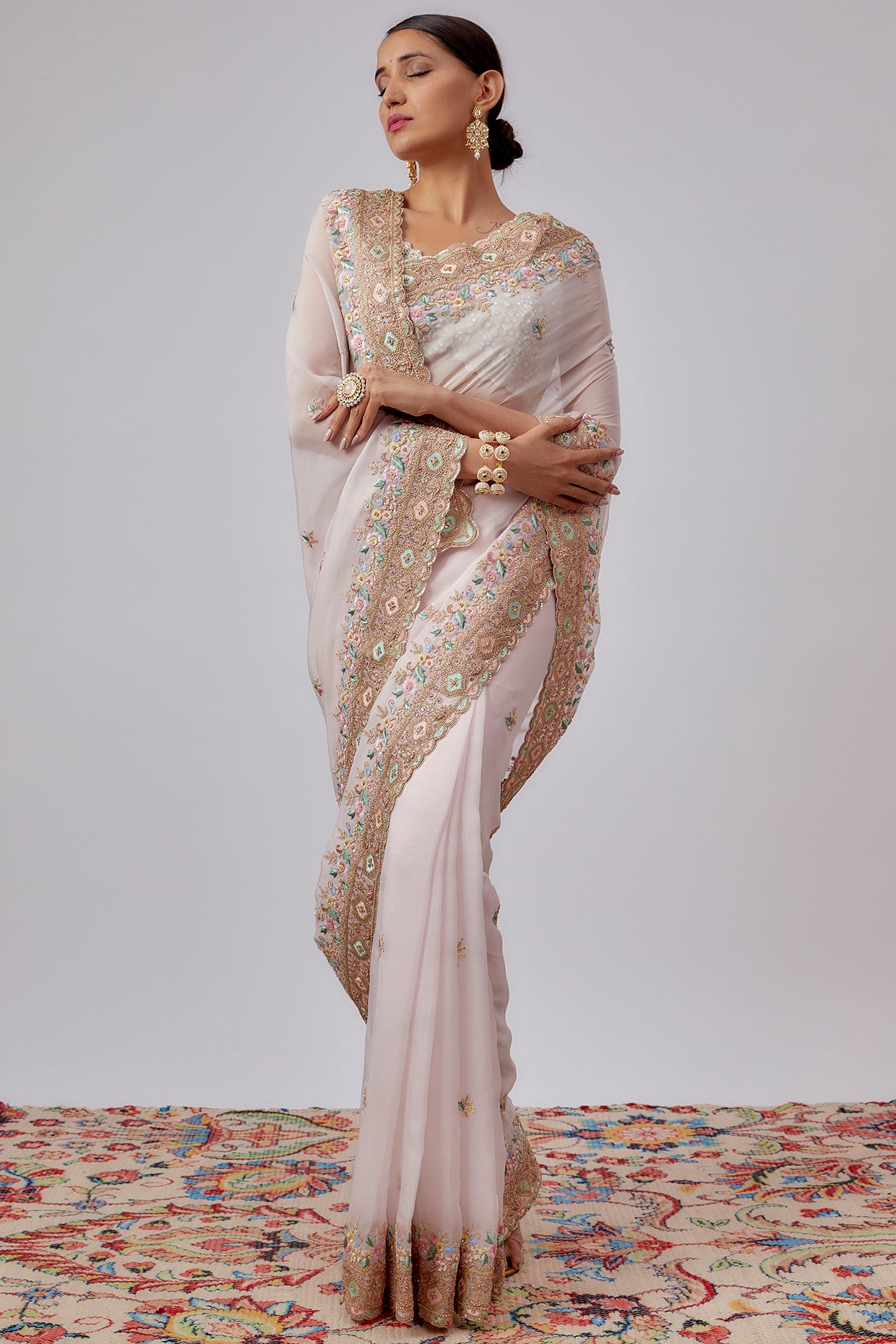pink pure organza hand embroidered saree set