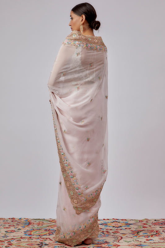 pink pure organza hand embroidered saree set