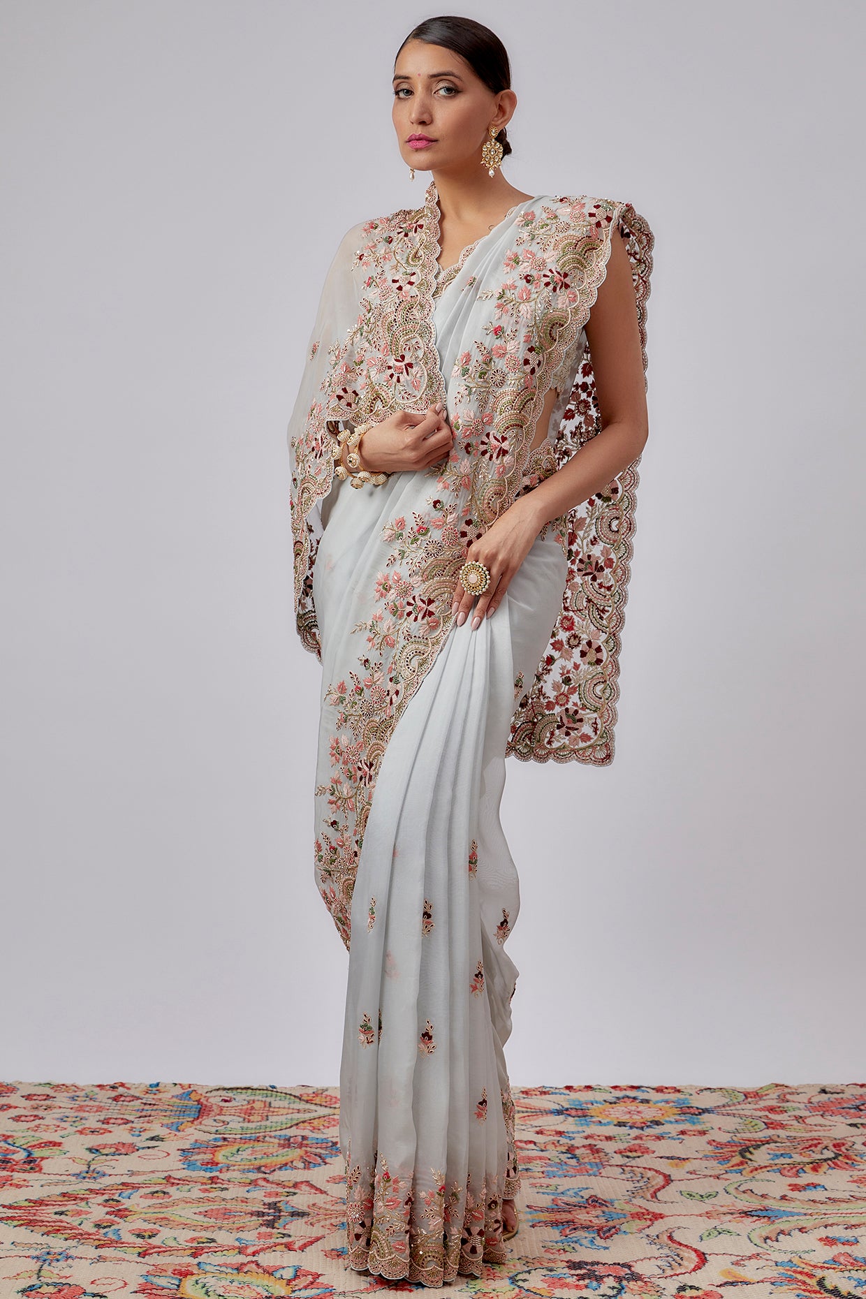 aqua pure organza hand embroidered saree set