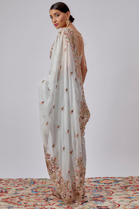 aqua pure organza hand embroidered saree set