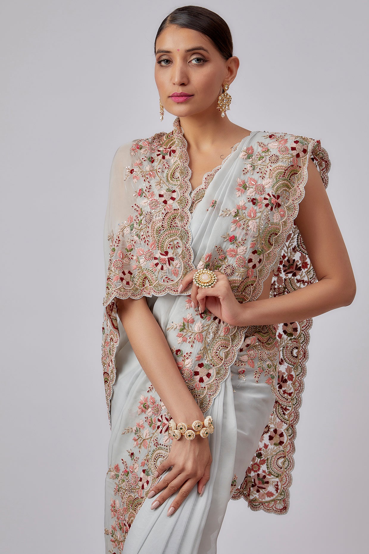 aqua pure organza hand embroidered saree set