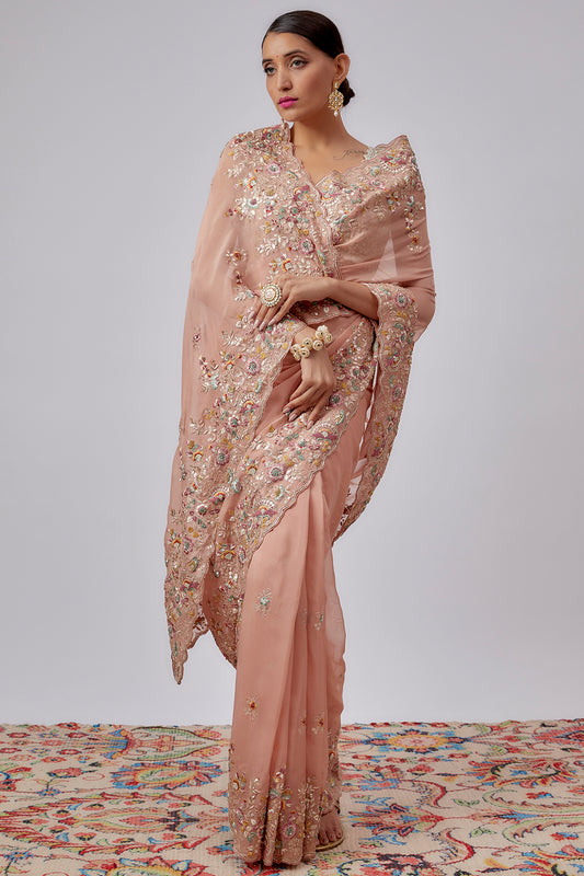 peach pure organza hand embroidered saree set