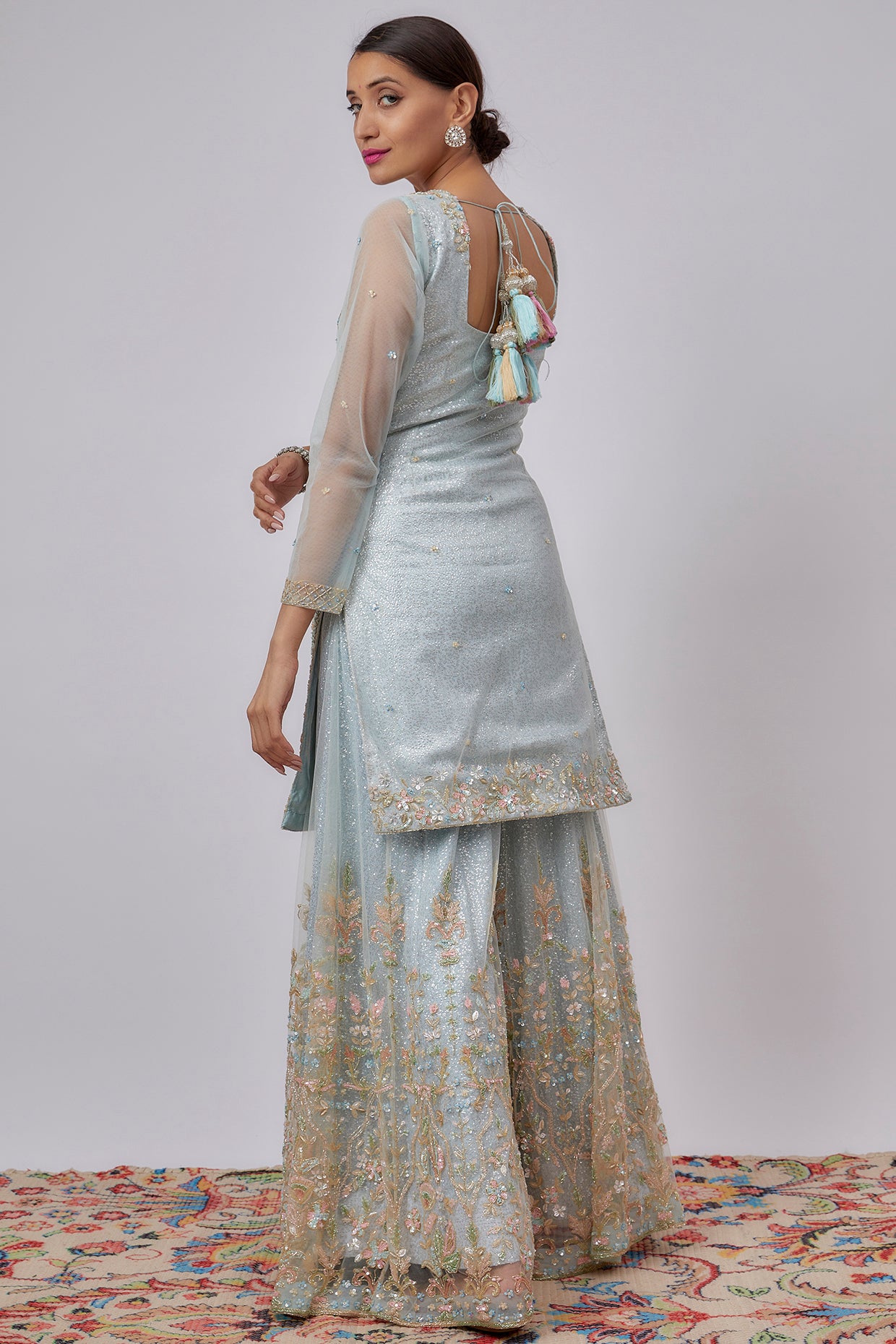 blue net embroidered sharara set