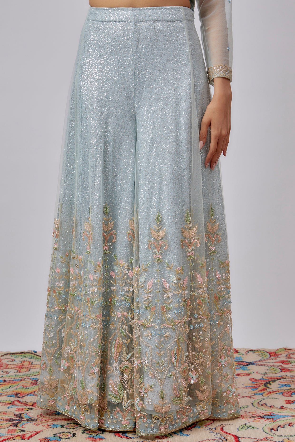 blue net embroidered sharara set
