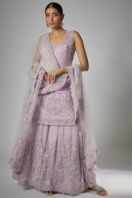 lilac net embroidered sharara set
