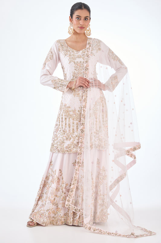 pink chanderi hand & machine embroidered sharara set