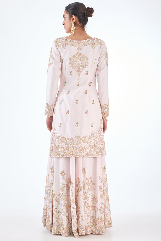 pink chanderi hand & machine embroidered sharara set