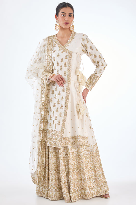 ivory chanderi hand & machine embroidered sharara set