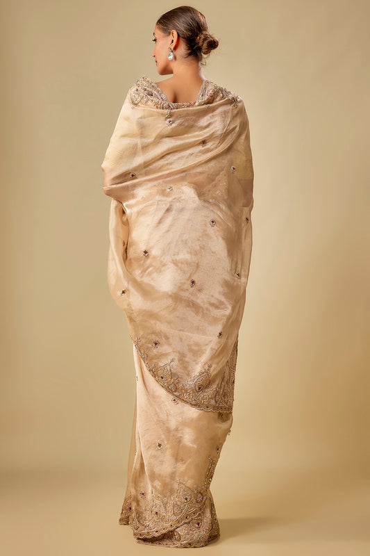 gold tissue hand & machine embroidered saree set