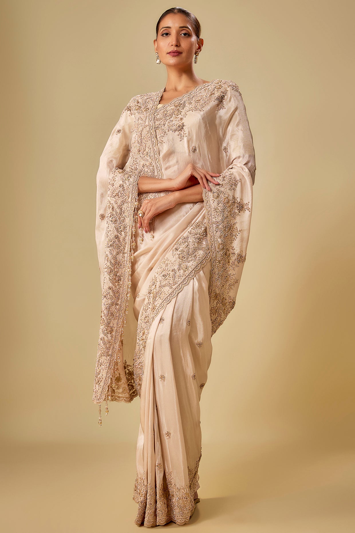 peach tissue hand & machine embroidered saree set