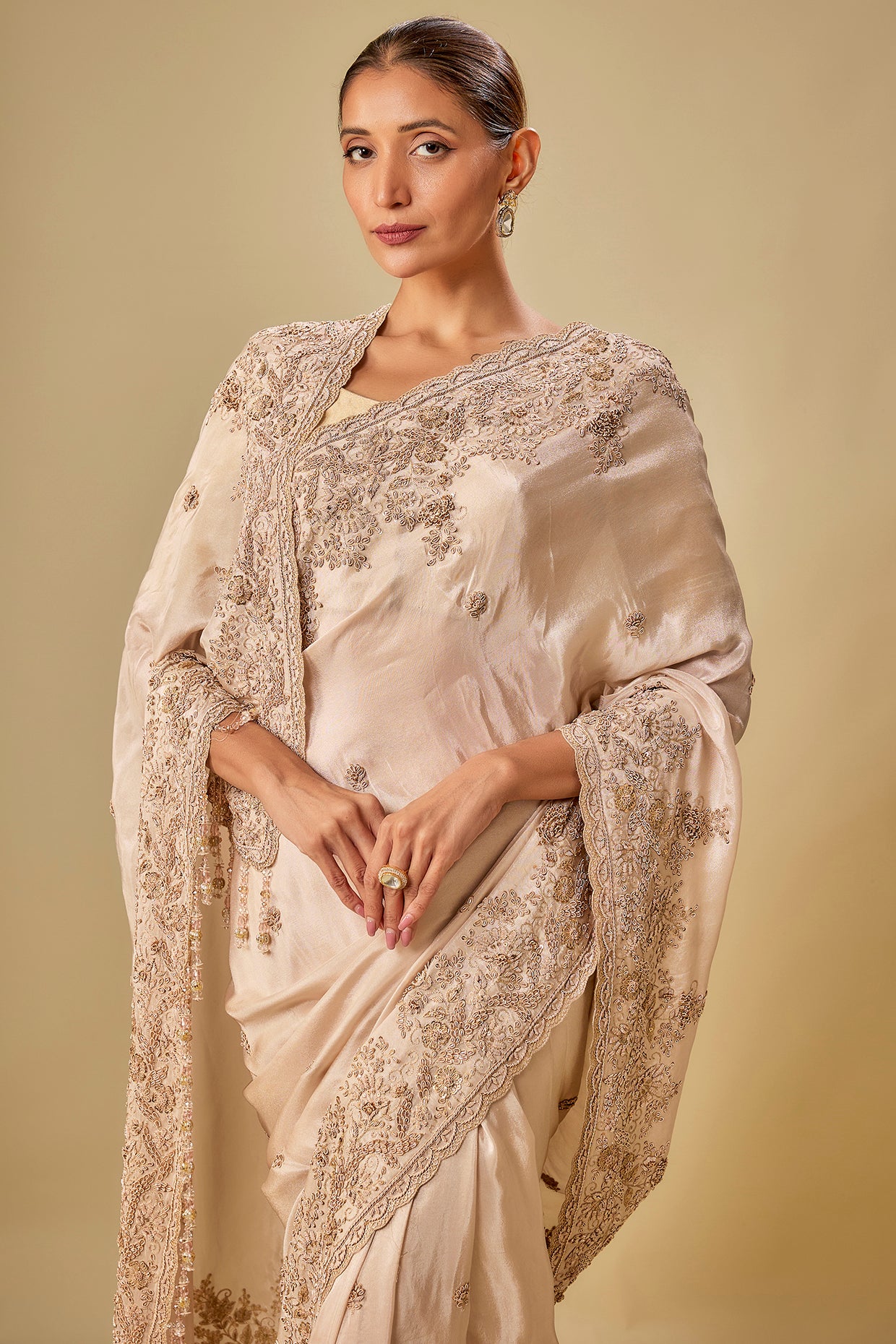 peach tissue hand & machine embroidered saree set